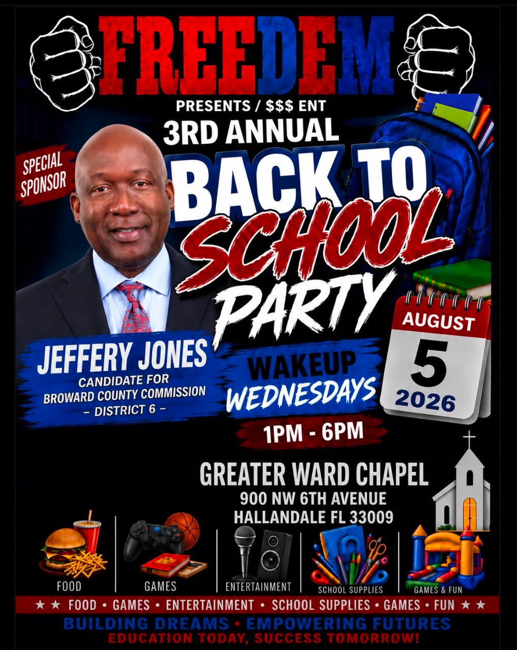 3rd Annual Back to School Party flyer, August 5, 2026, Greater Ward Chapel, Hallandale FL